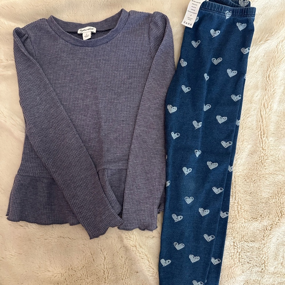 Girls' Blue Long Sleeve Top and Heart Print Leggings Set
